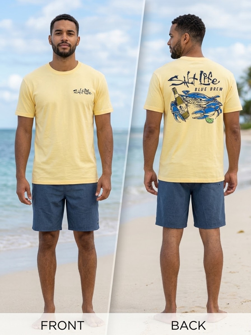 NWT Salt Life Short-Sleeve Crew Tee Light Yellow and Blue, Blue Brew, Size Large